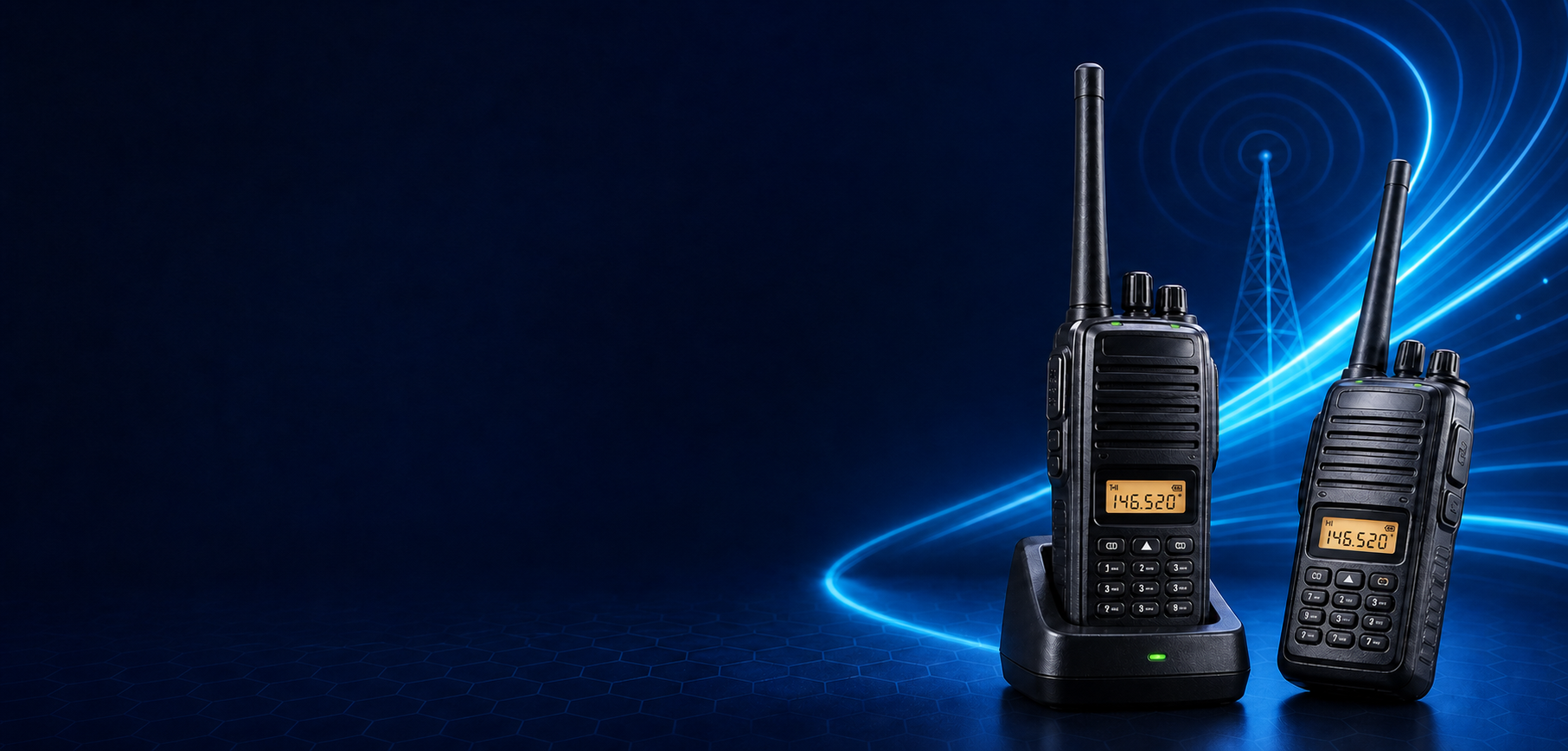 Two powered-on handheld amateur radios tuned to 146.520 MHz for local VHF communication